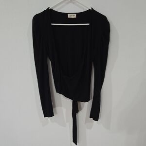 Open Edit Sz Med Black Long Sleeve Wrap Blouse